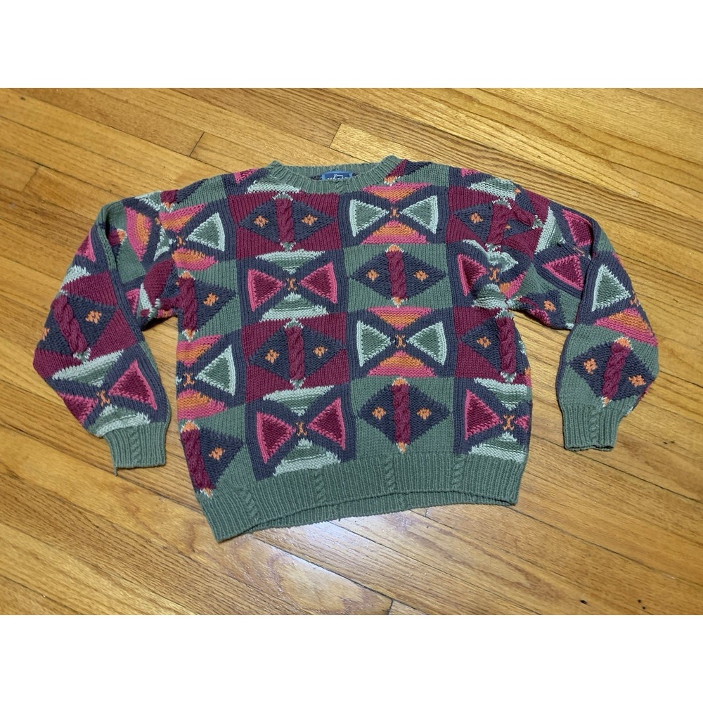 Vintage 70s Woolrich Women's M Hand Knit Sweater Wool Geometric Colorful